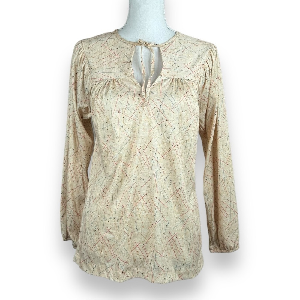 Vintage Dead Stock Pretty Tops Geometric Line Print Cream Blouse Keyhole Neck
